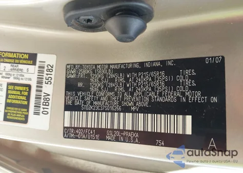 2007 Toyota Sienna Le z USA, uszkodzony, nr VIN 5TDZK23C37S016266